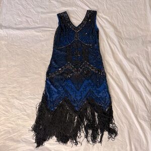 Elegant Blue and Black Beaded Dress